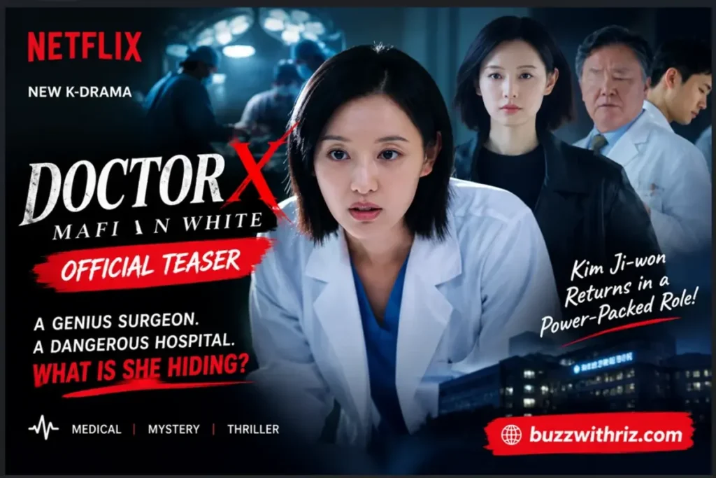 Kim Ji-won as Doctor X standing inside a hospital with doctors around her