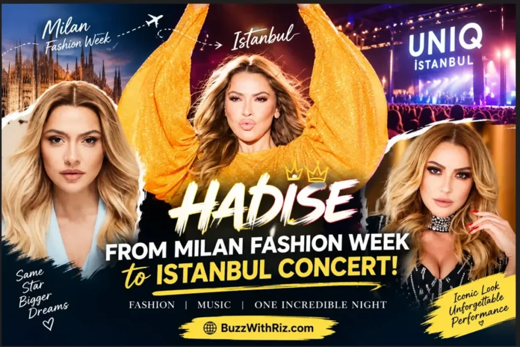 Hadise in a sparkling orange outfit during her Istanbul concert