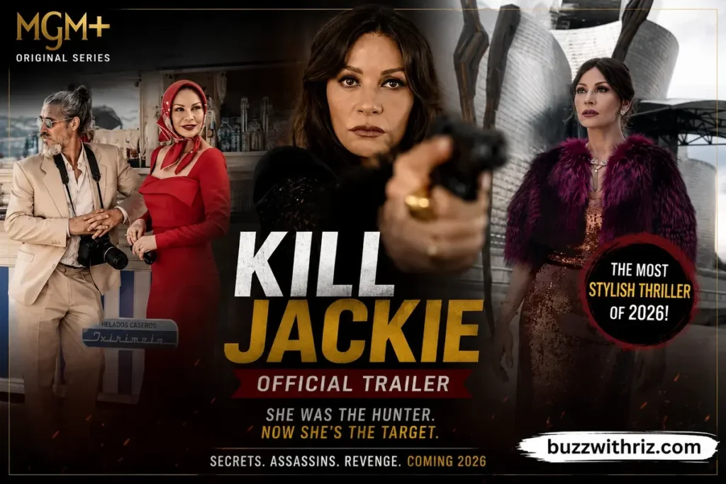 Kill Jackie official trailer poster featuring the stylish MGM+ thriller cast