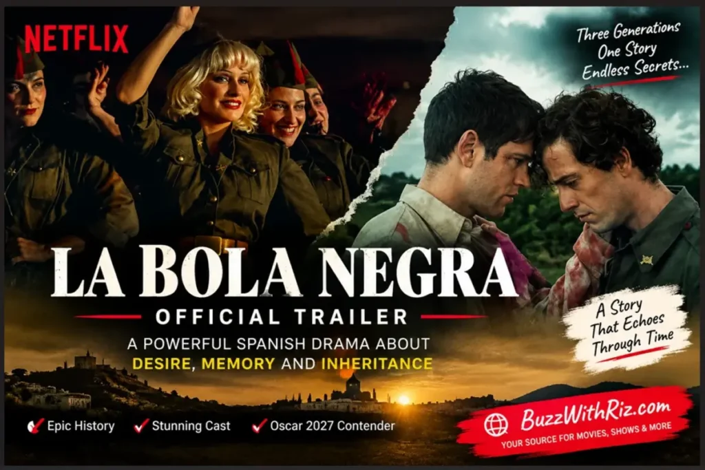 La Bola Negra trailer scene featuring performers in vintage military-style costumes