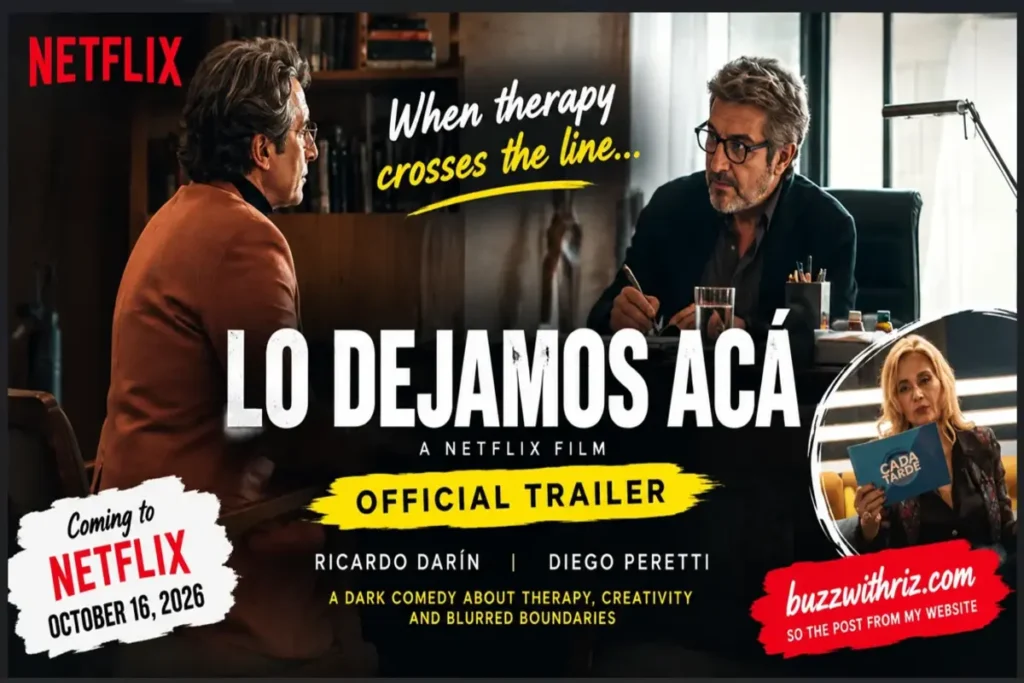 Lo dejamos acá Netflix still featuring Ricardo Darín and Diego Peretti in a tense therapy scene