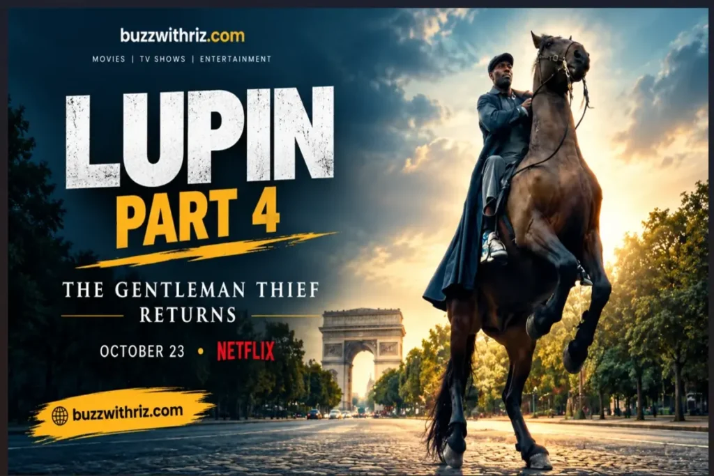 Lupin Part 4 Omar Sy on horseback in Paris near the Arc de Triomphe