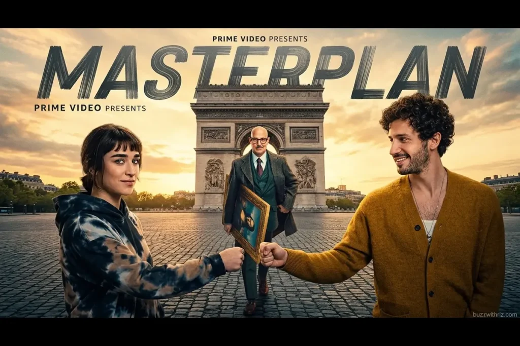 Official poster art for Masterplan on Prime Video starring Stanley Tucci carrying the Mona Lisa with Paris landmarks.