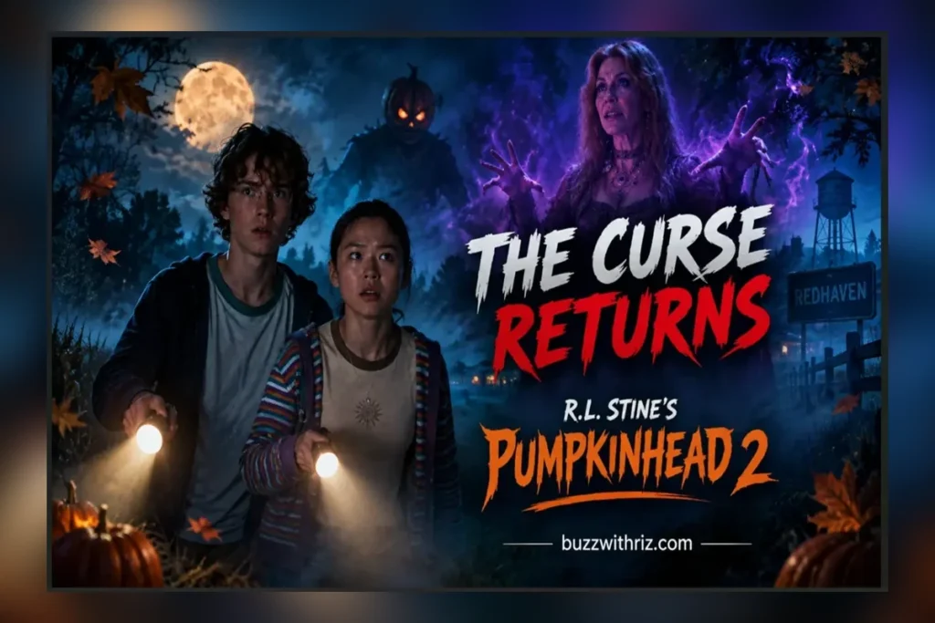 R.L. Stine’s Pumpkinhead 2 characters exploring Redhaven at night with flashlights