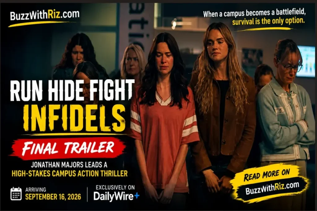 Students gathered during a tense scene from Run Hide Fight: Infidels 2026.
