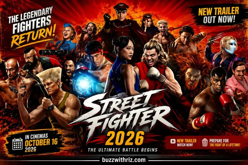Street Fighter 2026 movie poster featuring Ryu, Chun-Li, Ken and iconic fighters