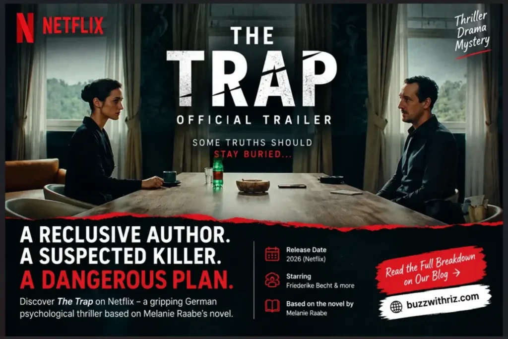 The Trap Netflix series characters Lisa Konrad and Robert Lenzen face each other across a table in a tense scene.