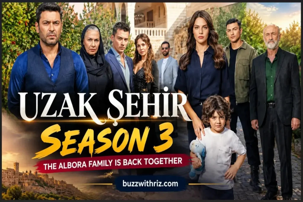 Uzak Şehir Season 3 cast posing together at the Midyat mansion