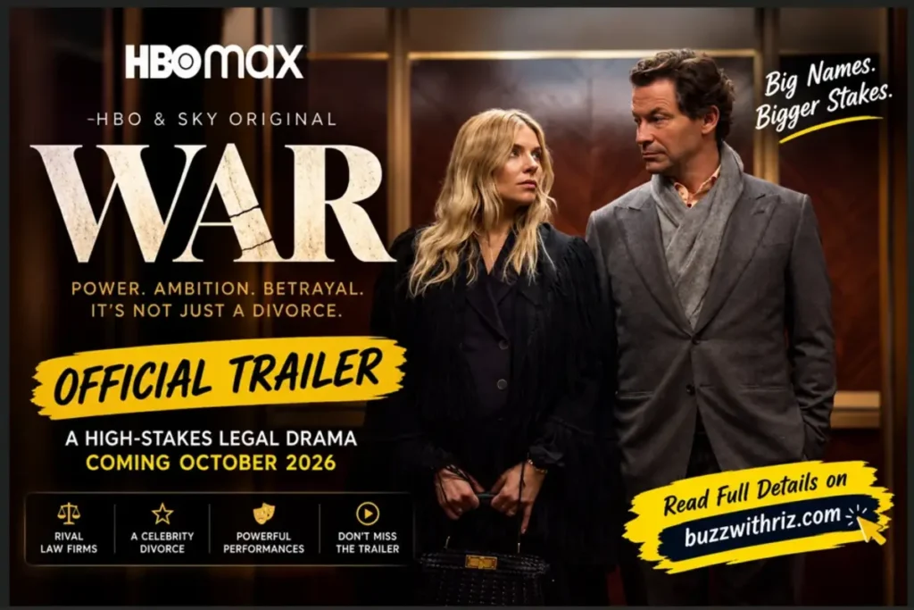Dominic West and Sienna Miller in an elevator scene from WAR, HBO Max’s 2026 legal drama.