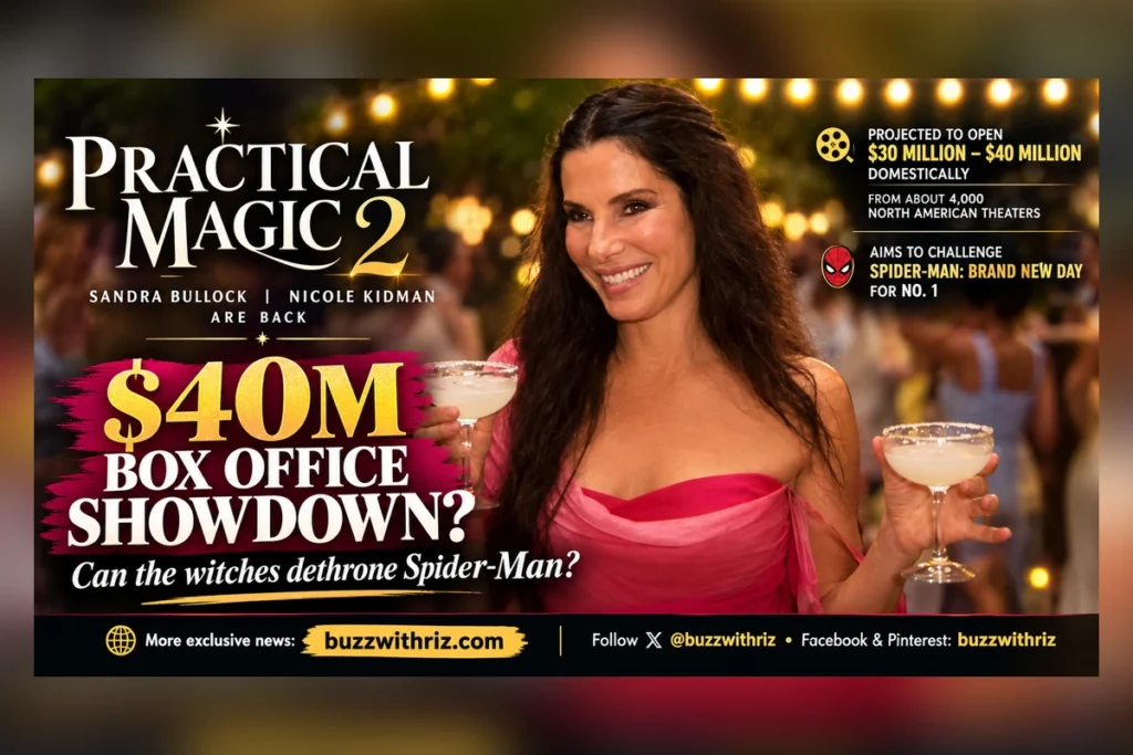 Practical Magic 2 star Sandra Bullock at a party as the sequel targets a $40 million box office debut.