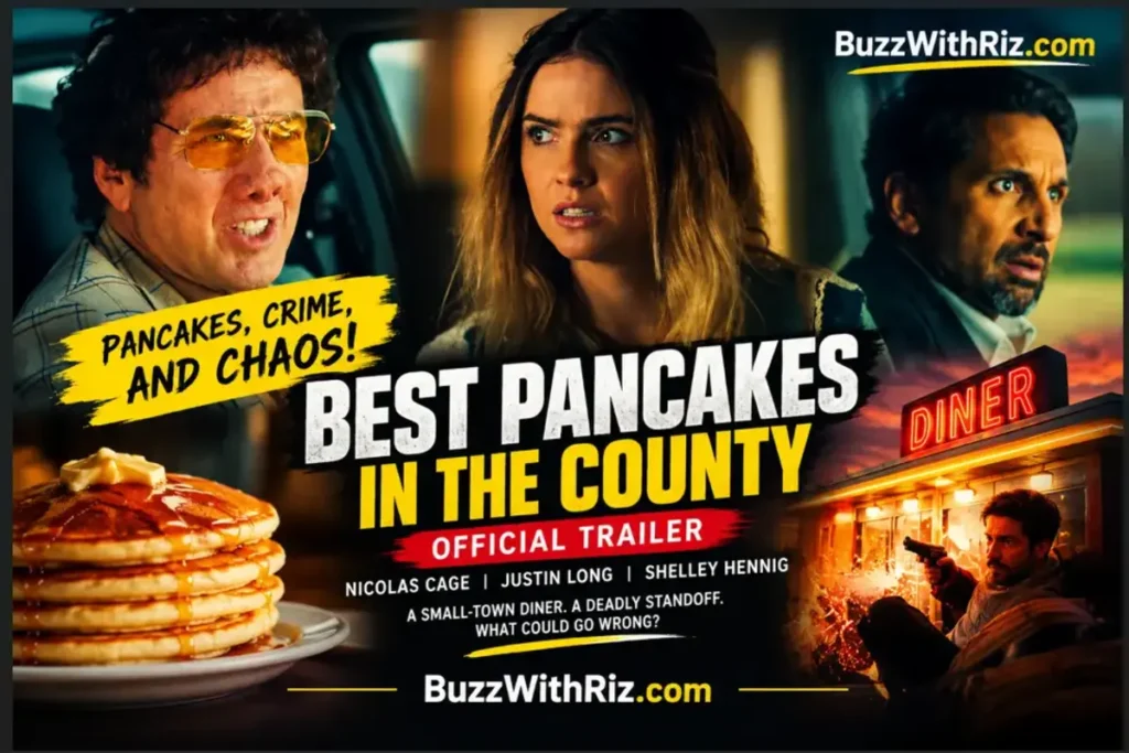 Best Pancakes in the County official trailer poster featuring Nicolas Cage, Justin Long and Shelley Hennig.