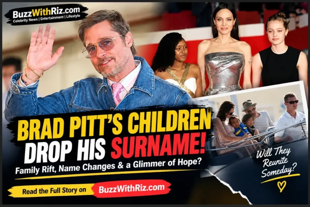 Brad Pitt and Angelina Jolie family collage highlighting their children's surname changes and reported family rift.