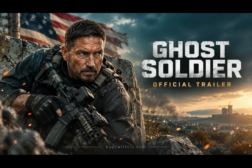 Jim Caviezel as a battle-ready soldier in Ghost Soldier trailer artwork.