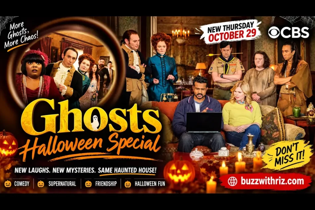 Ghosts Halloween Special 2026 CBS promotional poster announcing Thursday, October 29, with the ensemble cast and BuzzWithRiz.com branding.