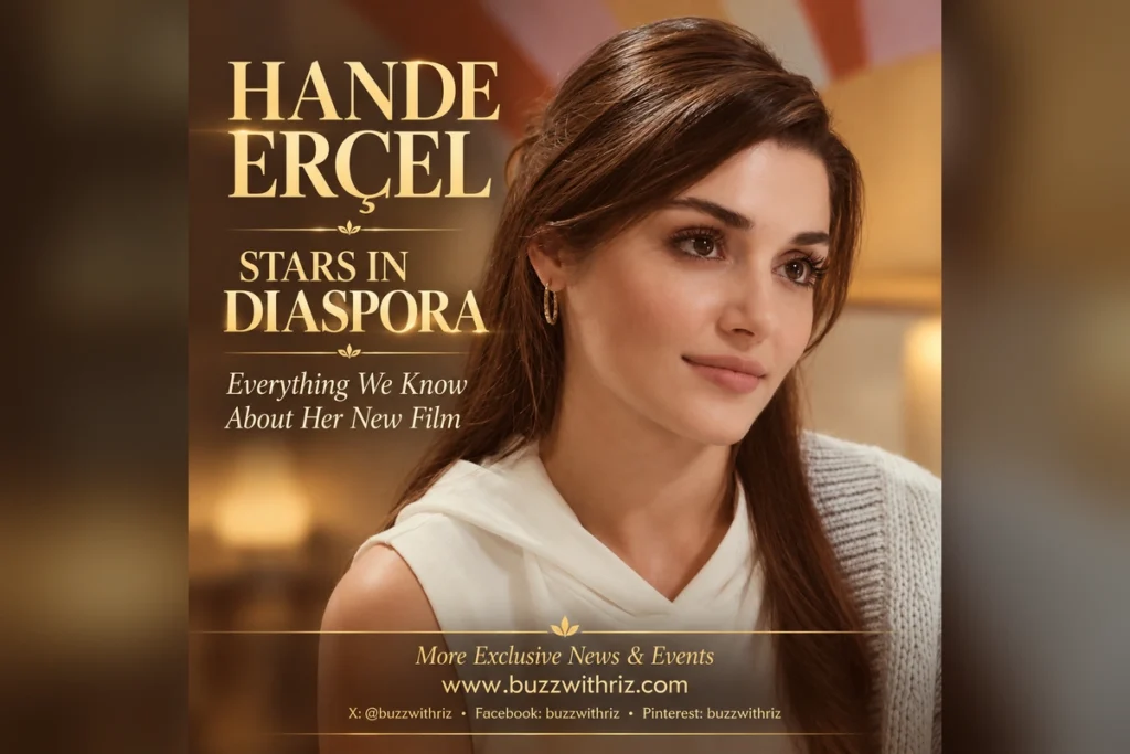 Hande Erçel in a golden promotional poster for Diaspora, her upcoming international drama film.