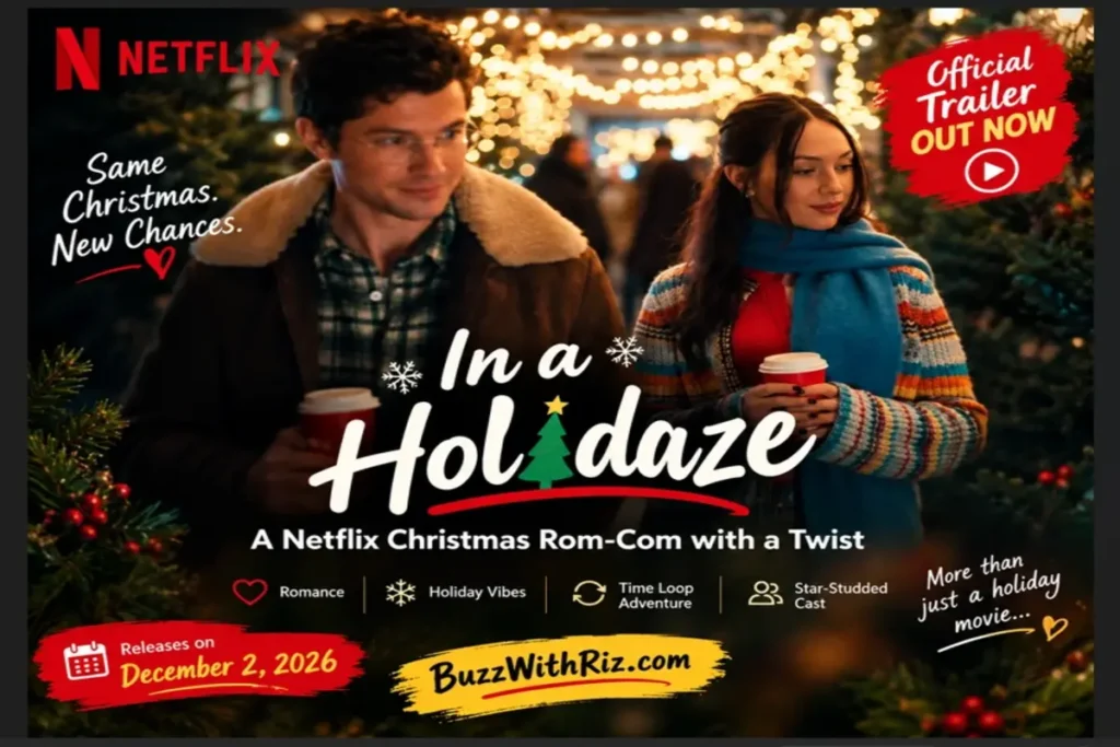 In a Holidaze Netflix Christmas rom-com trailer poster featuring a couple under festive lights.