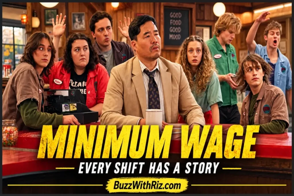 Minimum Wage Netflix cast gathered inside a busy pizzeria during a chaotic shift.