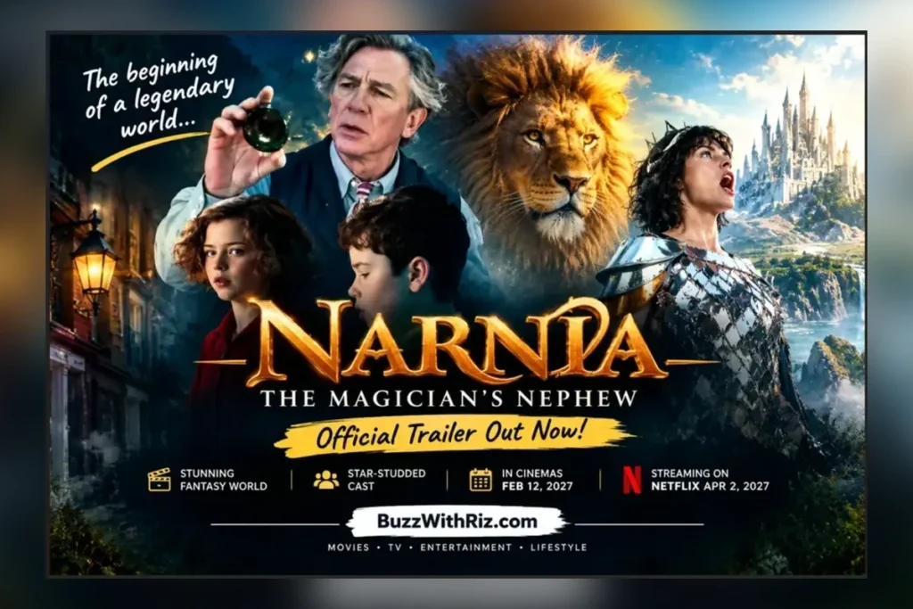 Narnia: The Magician’s Nephew fantasy movie poster featuring magical characters, a golden lion.