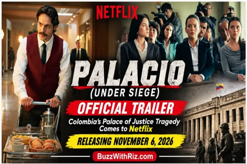 Palacio: Under Siege Netflix trailer poster featuring a hotel corridor, courtroom audience, and Colombia’s Palace of Justice.