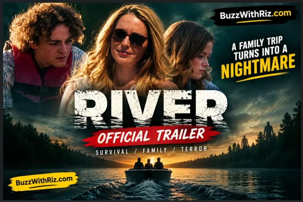 River official trailer poster featuring characters on a river with a survival horror theme.