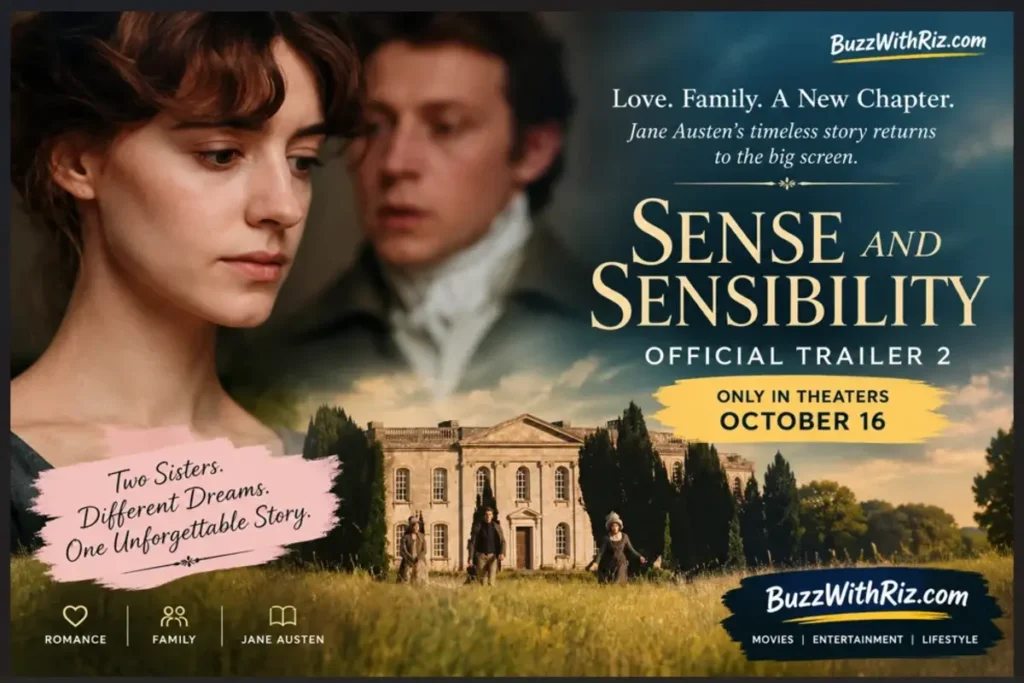 Sense and Sensibility 2026 film still featuring the Dashwood sisters in a period drama.