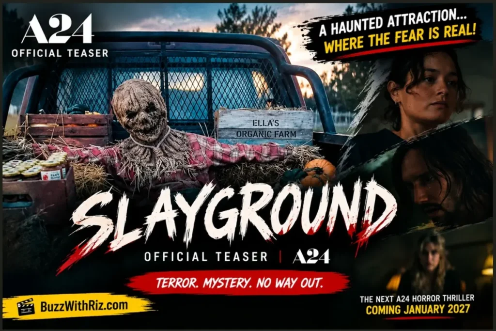 Slayground A24 horror teaser poster featuring a scarecrow figure and suspenseful characters.
