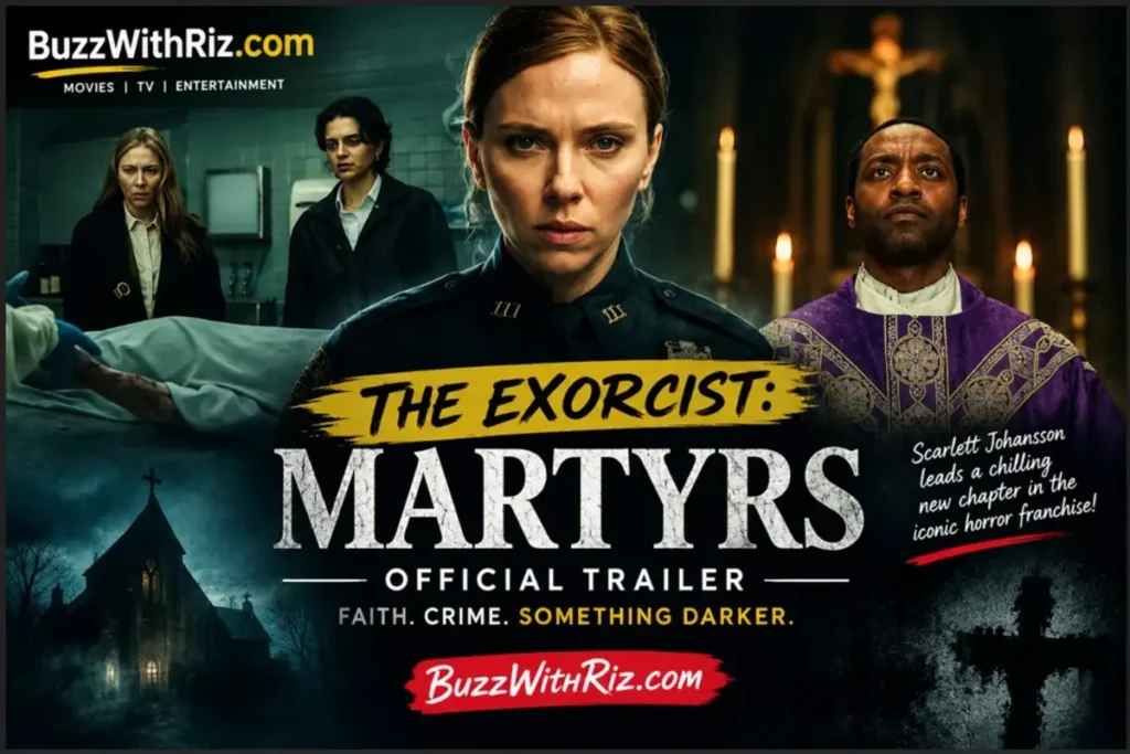 The Exorcist: Martyrs official trailer poster featuring a detective, a priest, and a chilling horror atmosphere.