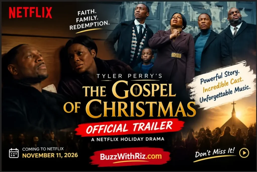 Tyler Perry’s The Gospel of Christmas official trailer poster featuring the cast, faith, family, and redemption.