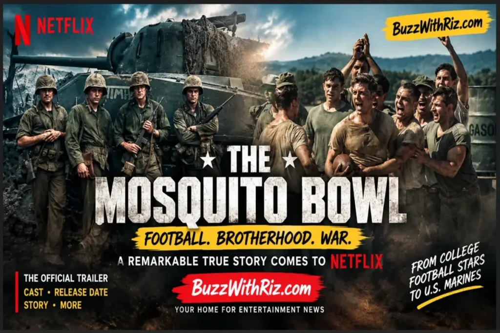 The Mosquito Bowl Netflix movie poster featuring World War II Marines, a military tank, and football players.