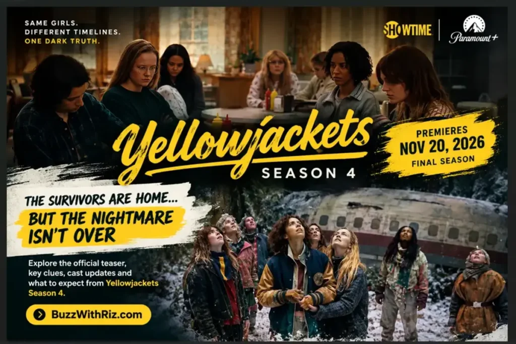 Yellowjackets Season 4 Teaser: The Survivors Are Home, but the Nightmare Isn’t Over Yellowjackets Season 4 teaser poster featuring survivors, a snowy wilderness, and a dramatic final-season headline.